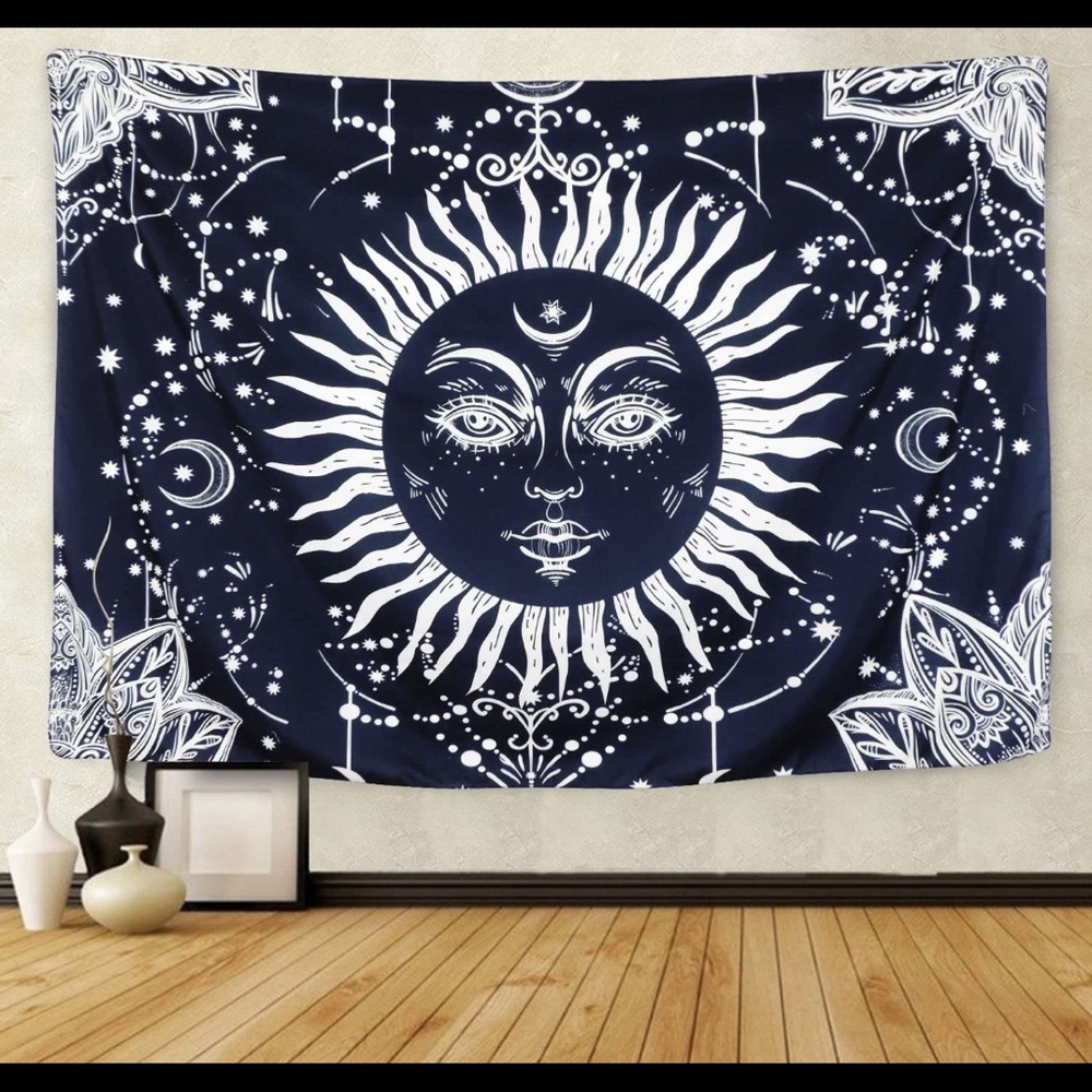dark blue and white sun tapestry